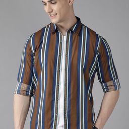 BEAT LONDON by PEPE JEANS Men Brown & Navy Blue Slim Fit Striped Pure Cotton Shirt-image-20