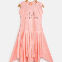 Aarika Girls Peach-Coloured Self Design Asymmetric Drop-Waist Dress-11