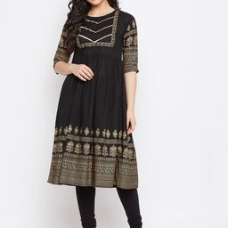 WineRed Women Black Floral Print Cotton Flared Kurta-18