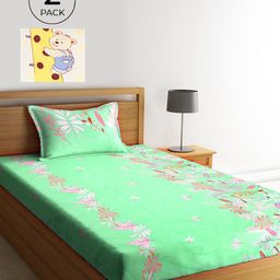 KLOTTHE Green & Beige Floral 210 TC Polycotton 2 Single Bedsheet with 2 Pillow Covers-16