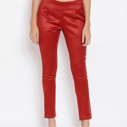 Ruhaans Women Red Smart Regular Fit Solid Cigarette Trousers-picture-14