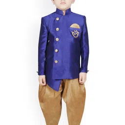 SG YUVRAJ Boys Blue & Gold-Coloured Solid Silk Sherwani-38