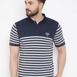 Austin wood Men Navy Blue & White Striped Polo Collar T-shirt-image-99