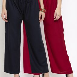 Clora Creation Women Pack Of 2 Black & Maroon Solid Straight Palazzos-image-97