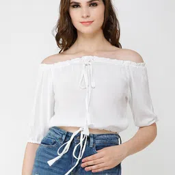 Cation White Off-Shoulder Solid Bardot Top-image-40