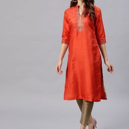 W Women Rust Orange Embroidered Straight Kurta-image-17