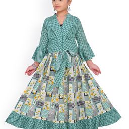 ADIVA Girls Green & Yellow Printed Top with Skirt-image-83