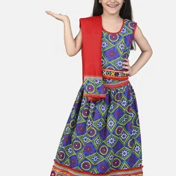 BownBee Girls Blue & Red Embroidered Bandhani Ready to Wear Lehenga Set-14