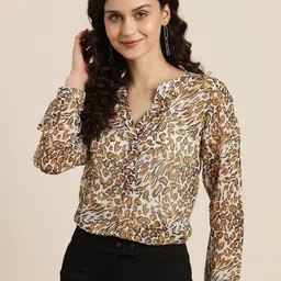 Qurvii Mustard Yellow & Black Animal Print Mandarin Collar Georgette Shirt Style Top-image-19