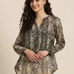 Qurvii Black & Multicoloured Animal Print Mandarin Collar Georgette Shirt Style Top-image-20