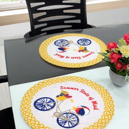 Saral Home Set Of 2 Yellow & Beige Woven Design Sustainable Circular Table Placemats-25