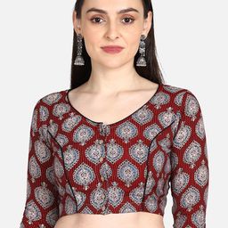THE WEAVE TRAVELLER Women Maroon & Blue Ajrakh Hand Block Printed Sustainable Saree Blouse-29