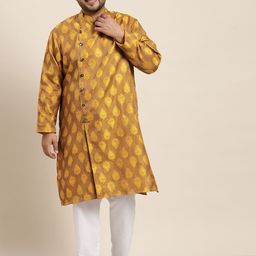 SOJANYA PLUS Men Mustard Yellow Ethnic Motifs Thread Work Angrakha Kurta with Churidar-picture-29