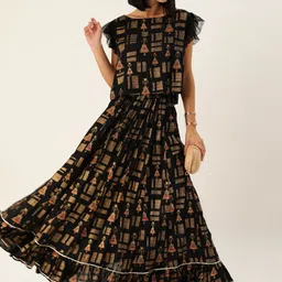 Varanga Women Black Printed Top with Skirt-image-80