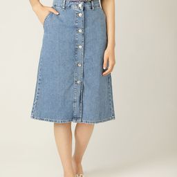 MANGO Women Blue Solid Pure Cotton Denim A-line Skirt-image-30