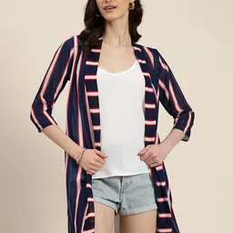 Qurvii Women Striped Open Front Longline Shrug-6