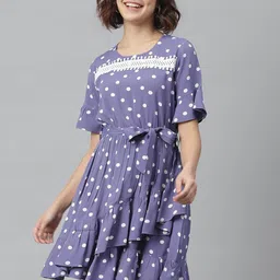 StyleStone Women Lavender & White Polka Dot Printed Fit and Flare Dress-picture-23
