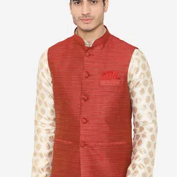 Wintage Men Red Solid Satin Nehru Jacket-4
