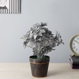 FOLIYAJ Silver-Toned Spray Painted Artificial Holly Leaves Plant With Brown Pot-30