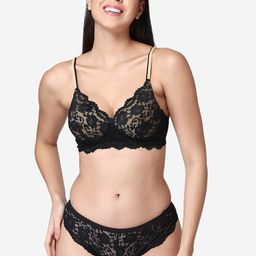 ABELINO Women Black Bridal Padded Lace Lingerie Set SETLEO-13