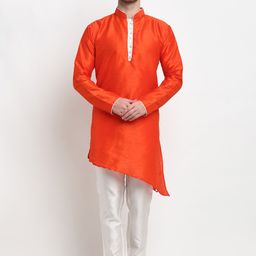 Benstoke Men Orange & Off White Woven Design Dupion Silk Kurta with Payjamas-picture-56