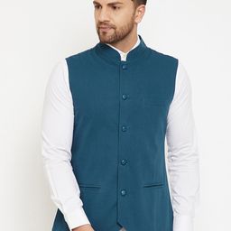 Hypernation Men Teal Green Cotton Solid Woven Nehru Jacket-picture-13