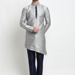 Benstoke Men Silver-Toned Dupion Silk Kurti with Blue Pyjamas-picture-39