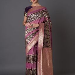 Mitera Pink & Gold-Coloured Silk Blend Woven Design Kanjeevaram Saree-image-93
