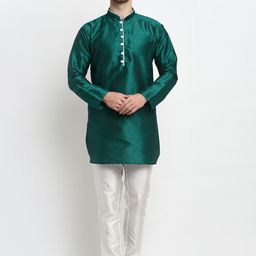 Benstoke Men Green Coloured Woven Design Dupion Silk Kurta with Pyjamas-14