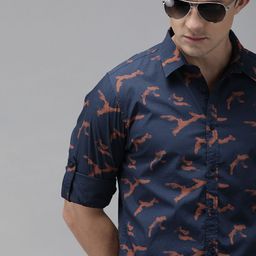 Roadster Men Navy Blue & Orange Regular Fit Printed Sustainable Casual Shirt-image-86