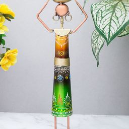 Golden Peacock Green & Orange Metal Rajasthani Working Lady Figurine Showpiece-94