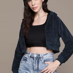 The Roadster Lifestyle Co. Velvet Finish Hooded Cropped Boxy Sweatshirt-picture-6