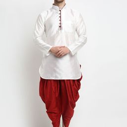 Benstoke Men's White Solid Dupion Silk Kurta with Dhoti Pants-picture-0