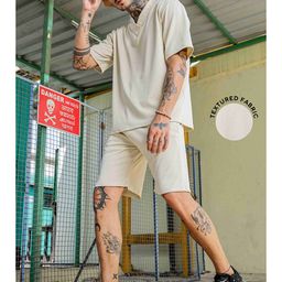 House of Koala Unisex Textured V-Neck Oversized T-shirt & Shorts Co-ord Set-image-11