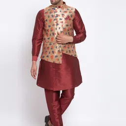 KLOTTHE Men Maroon & Beige Angrakha Straight Kurta & Churidar With Nehru Jacket-image-61