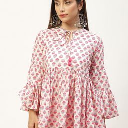 Jaipur Morni White & Blue Print Tie-Up Neck Cotton Cinched Waist Top-image-6
