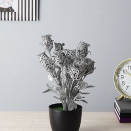 FOLIYAJ Silver-Toned Spray Painted Artificial Spiral Rose Plant With Black Pot-21
