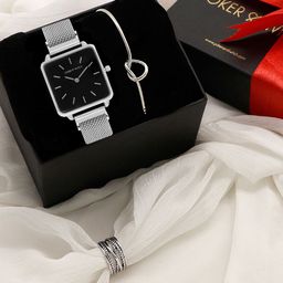 JOKER & WITCH Women Black & Silver-Toned Beautiful Story Love Triangle Watch Gift Set JWLT49-image-41
