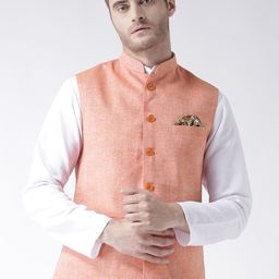 Hangup Men Orange Solid Nehru Jacket-30
