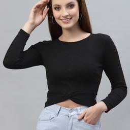 Friskers Black Cotton Rib Round Neck Knot Top-image-45