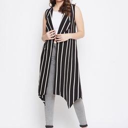 Hypernation Women Black & Off-White Striped Open Front Shrug-11