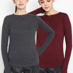 appulse Women Grey & Maroon Set of 2 Solid Round Neck Tshirt-image-41