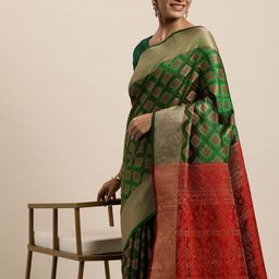 Saree Swarg Green & Golden Silk Blend Banarasi Sarees-image-11