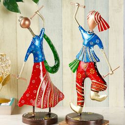 CraftVatika Set Of 2 Blue & Red Garba Playing Gujarati Couple Statue Showpiece-28
