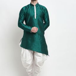 Benstoke Men Bottle Green Woven Design Dupion Silk Kurta with Dhoti Pants-picture-57