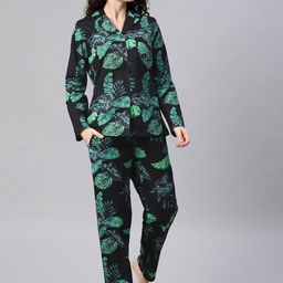 DRAPE IN VOGUE Women Black & Green Tropical Flora Printed Night Suit-image-44