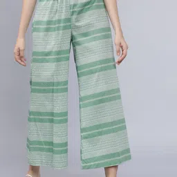 Vishudh Women Green & Off-White Striped Crop Wide Leg Palazzos-image-58