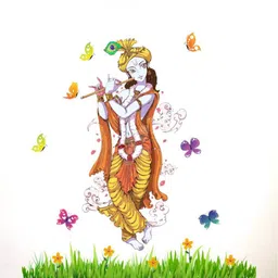 rawpockets Orange & Yellow Krishna with Flute and Butterflies Wall Sticker-image-41