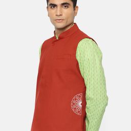 Ethnix by Raymond Men Rust Red Solid Pure Cotton Nehru Jacket-image-62