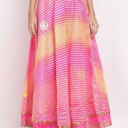 SOUNDARYA Women Pink & White Cotton Kota Doriya Leheriya Print Flared Maxi Skirt-picture-16